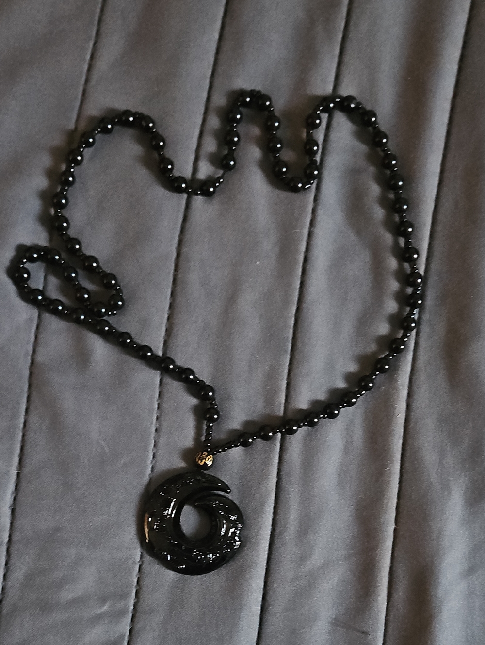 Black Beaded Men's Necklace with Black Circular Pendant